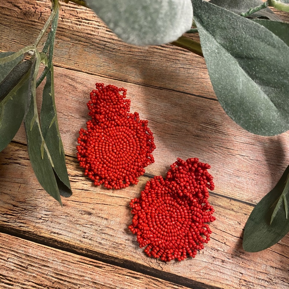 Red hand beaded earrings